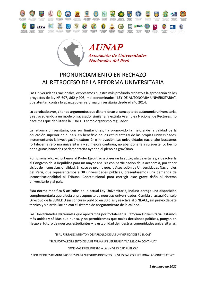 Las Universidades Nacionales del Perú, se pronuncian  ante la aprobación de de la mal denominada “LEY DE AUTONOMÍA UNIVERSITARIA” que atentan contra lo avanzado en reforma universitaria desde el año 2014.