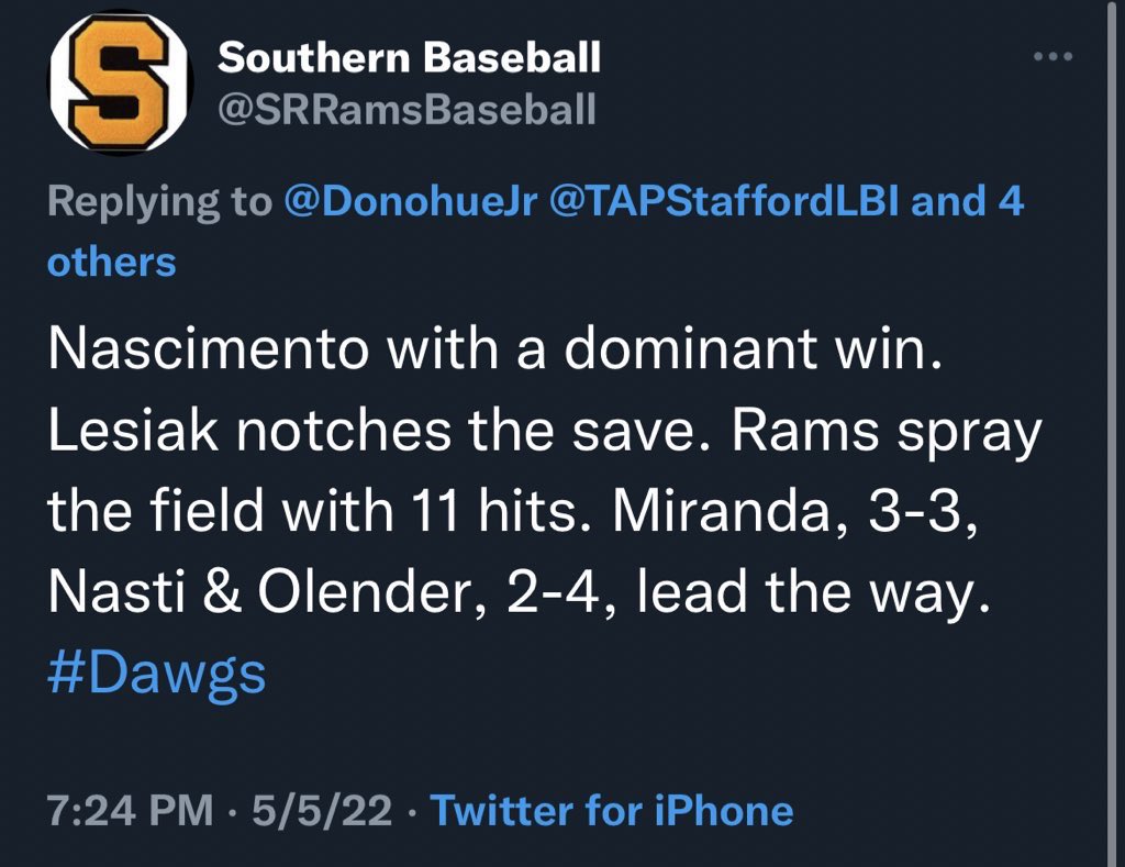 Great win for <a href="/SRRamsBaseball/">Southern Baseball</a>              Went 2.1 IP 2 ks 1 BB 0 R on the day great team win <a href="/FlatgroundApp/">FLATGROUND Pitching</a>