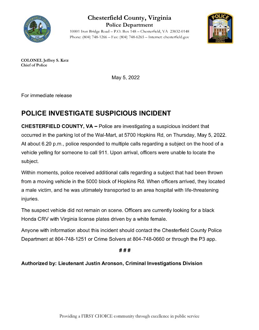 For immediate release: <a href="/CCPDVa/">Chesterfield Police</a> <a href="/8NEWS/">8News WRIC Richmond</a> <a href="/CBS6/">WTVR CBS 6 Richmond</a> <a href="/NBC12/">NBC12 is now 12 On Your Side</a> <a href="/RTDNEWS/">Richmond Times-Dispatch</a>