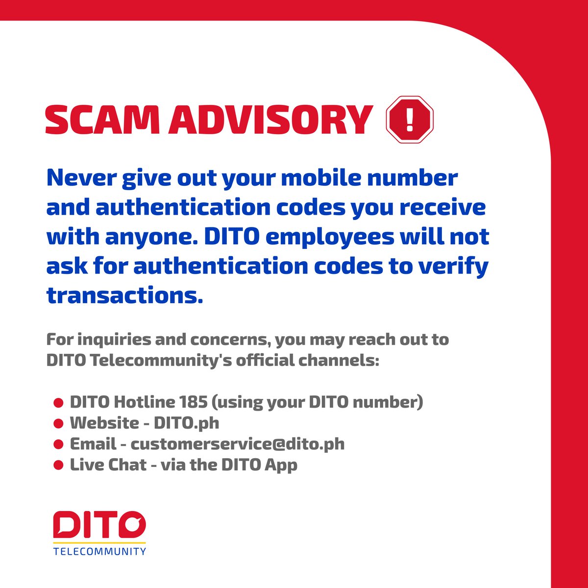 DITOphofficial's tweet photo. Your security is our priority, DITOzens! Beware of fraudsters and never give your personal information such as mobile numbers and authentication codes to anyone.

Keep yourself protected and visit https://t.co/DB9yAVLVlF for official information on our products and services. https://t.co/pmnncDXbq3