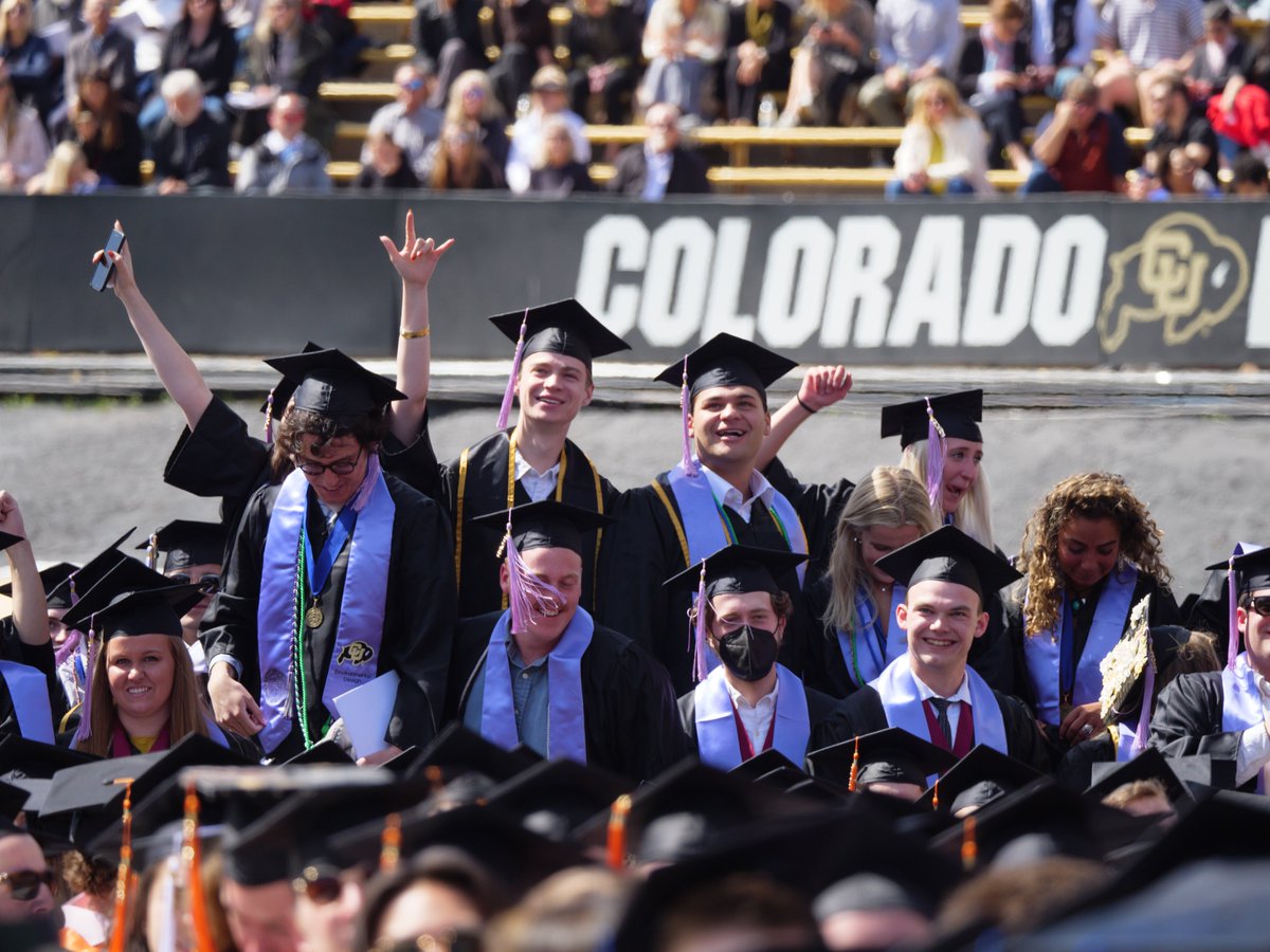 CUBoulder's tweet photo. Today's commencement ceremony welcomed an estimated 6,873 bachelor’s, 1,514 master’s, 189 law, 160 MBAs and 392 doctoral degree holders into the #ForeverBuffs family! 💛🎓🖤

📸: Photos provided by fabulous #CUBoulder photography team: @glennatcu, @campbepd29, &amp; Casey Cass. https://t.co/Hy3IF3BmiT
