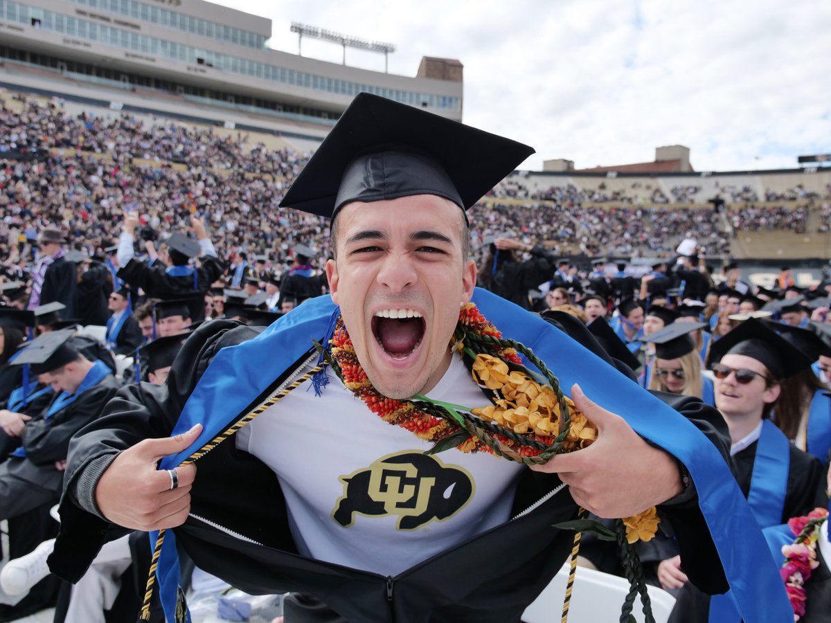 CUBoulder's tweet photo. Today's commencement ceremony welcomed an estimated 6,873 bachelor’s, 1,514 master’s, 189 law, 160 MBAs and 392 doctoral degree holders into the #ForeverBuffs family! 💛🎓🖤

📸: Photos provided by fabulous #CUBoulder photography team: @glennatcu, @campbepd29, &amp; Casey Cass. https://t.co/Hy3IF3BmiT