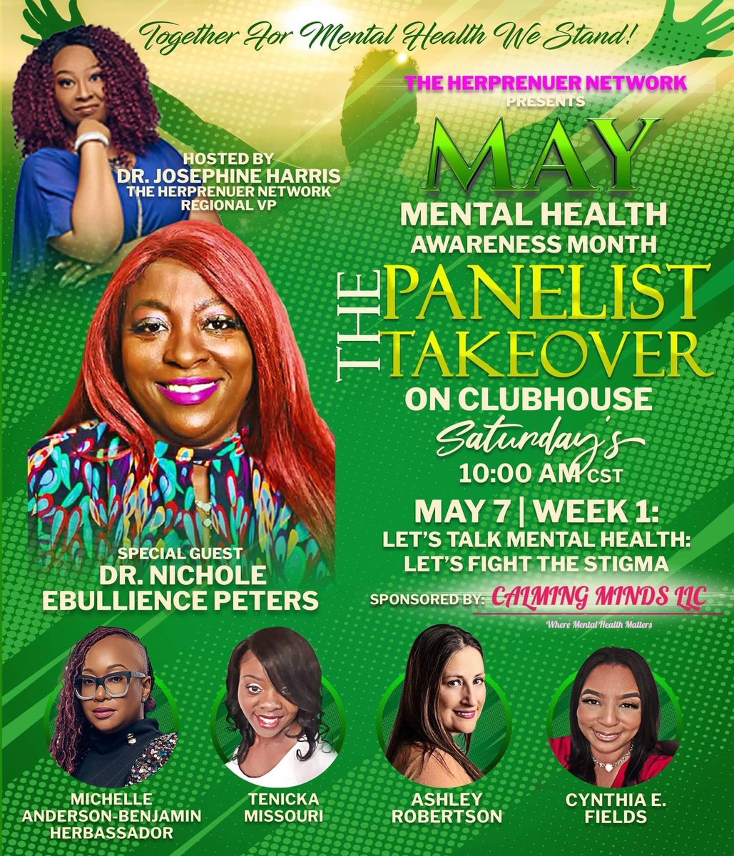 CyntEFields's tweet photo. 🗣Remember to join us on Clubhouse this Saturday, May 7th @ 10:00 am CST for the Mental Health Panelist Takeover! We will be meeting on the HERpreneur Network. Hope to see you there! 💚💚💚

Topic: Let’s Fight the Stigma

#mentalhealthawarenessmont💚
#mentalhealthawareness https://t.co/J4ALwdBXuq