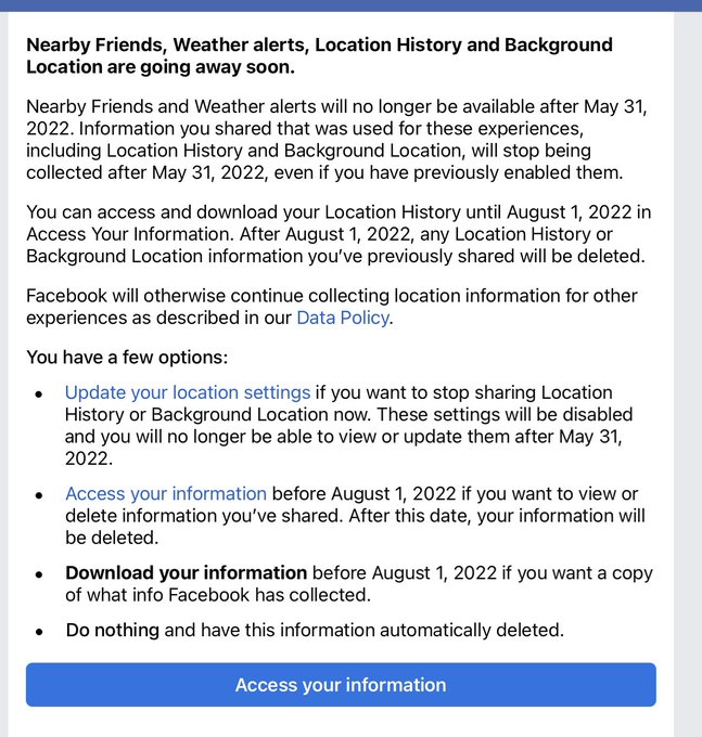 Facebook message to their users