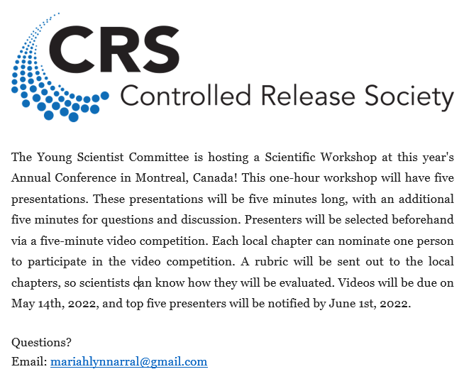 Young Scientist Committee YSC-CRS (@crs_ysc) on Twitter photo During the <a href="/CRSScience/">Controlled Release Society</a> annual meeting in Montreal the CRS YSC will be holding a scientific workshop where young scientist from different local chapters can present their work!
To apply you must reach out to your local chapter!
If you have questions reach out to <a href="/MariahArral/">Mariah Arral, Ph.D.</a> During the <a href="/CRSScience/">Controlled Release Society</a> annual meeting in Montreal the CRS YSC will be holding a scientific workshop where young scientist from different local chapters can present their work!
To apply you must reach out to your local chapter!
If you have questions reach out to <a href="/MariahArral/">Mariah Arral, Ph.D.</a>