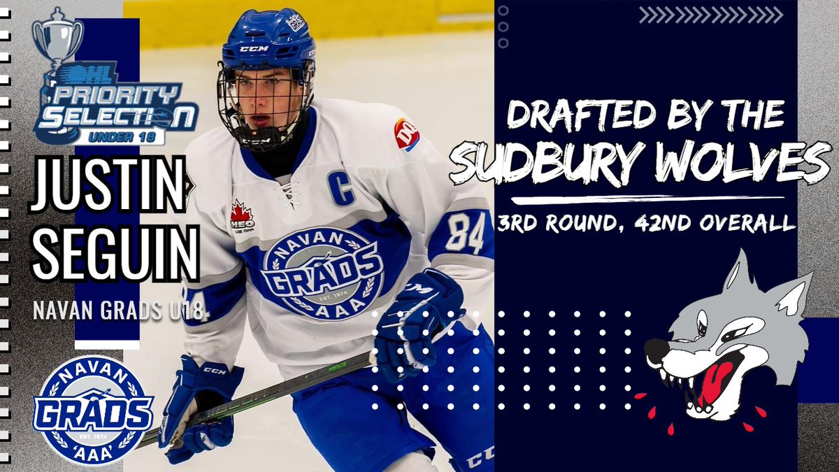 🚨OHL U18 DRAFT ALERT🚨

Congratulations to defenseman Justin Seguin on being selected in the 3rd Round, 42nd Overall by the <a href="/Sudbury_Wolves/">Sudbury Wolves</a> in the 2022 <a href="/OHLHockey/">Ontario Hockey League</a> Under 18 Draft #LetsGo 

We are proud of you!! <a href="/JuiceSeg/">JuiceSeg</a> #Grads @HEOU18AAA <a href="/GradsHockey/">Navan Grads</a> #OHLU18Draft
