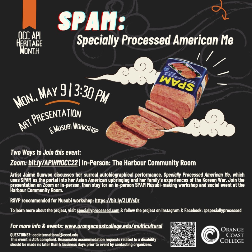 SGOCC's tweet photo. Artist Jaime Sunwoo will discuss her surreal autobiographical performance Specially Processed American Me, which uses SPAM as the portal into her Asian American upbringing and her family's experiences of the Korean War.  

Join us on Zoom or in person for this presentation. https://t.co/x6AwC1w6Xs