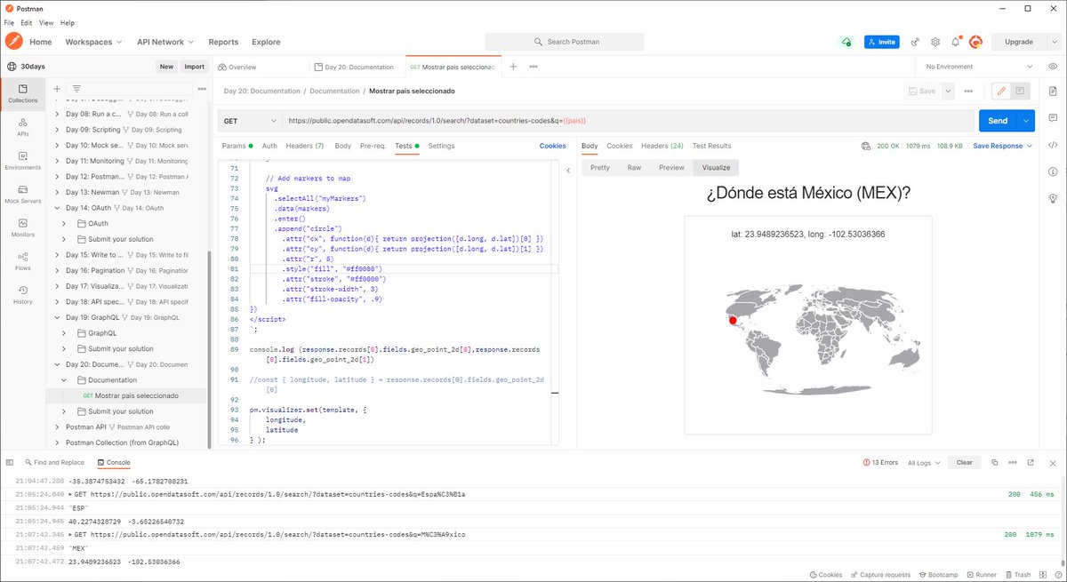 oislas's tweet image. Aquí jugando un poco con la API pública de códigos de país de #Opendatasoft y la visualización en @d3js_org  dentro de @getpostman