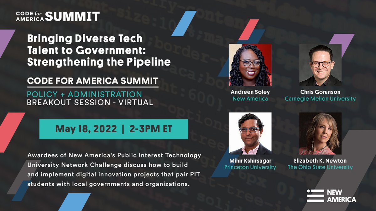 NewAmericaPIT's tweet photo. Attending @CodeForAmerica's 2022 Summit?
Join👥New America PIT Director @Andreen_S & PIT-UN #NetworkChallenge awardees @CGoranson, Mihir Kshirsagar, & Elizabeth K. Newton for Bringing Diverse Tech Talent to Government!
📅May 18, 2-3pm ET #PIT #PITUN
https://t.co/MVOymUidTj https://t.co/l2KCAl44x9