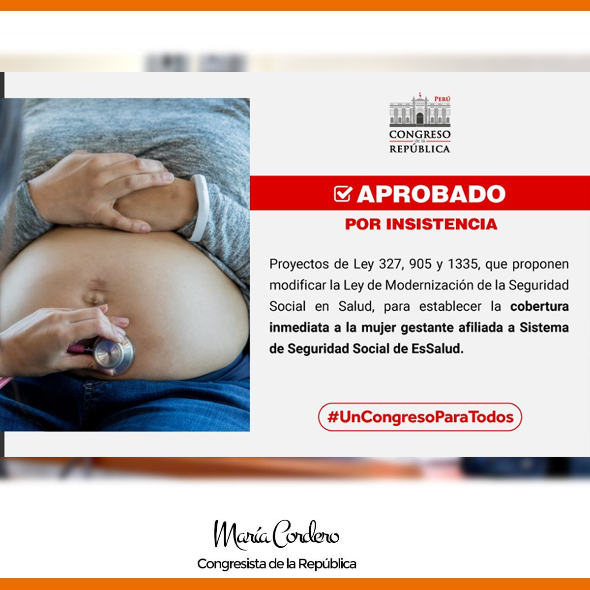 MariaCorderoJon's tweet photo. En @congresoperu garantizamos la vida y la salud de la mujer embarazada. 
Hoy aprobamos por insistencia la autógrafa de ley que fue observada por el Poder Ejecutivo. #Ley26790
 @EsSaludPeru https://t.co/lBzFxoezBI