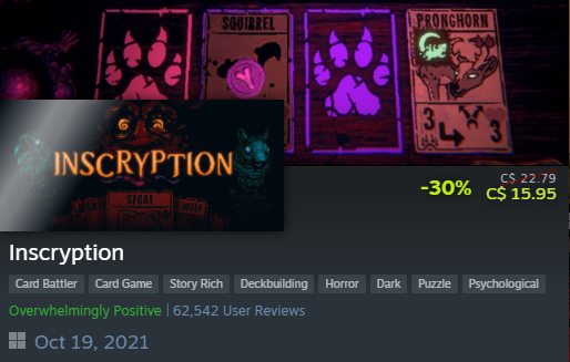 CanadaGameDevs's tweet photo. Several 🇨🇦 indies in the @devolverdigital Publisher Weekend Sale including:
⛏️'Inscryption' by @DMullinsGames (Vancouver)
🥷 @messengergame by @SabotageQc (Québec)
🛩️ 'LUFTRAUSERS' feat. art by @pietepiet (Burnaby) https://t.co/XuRCrCRFVq