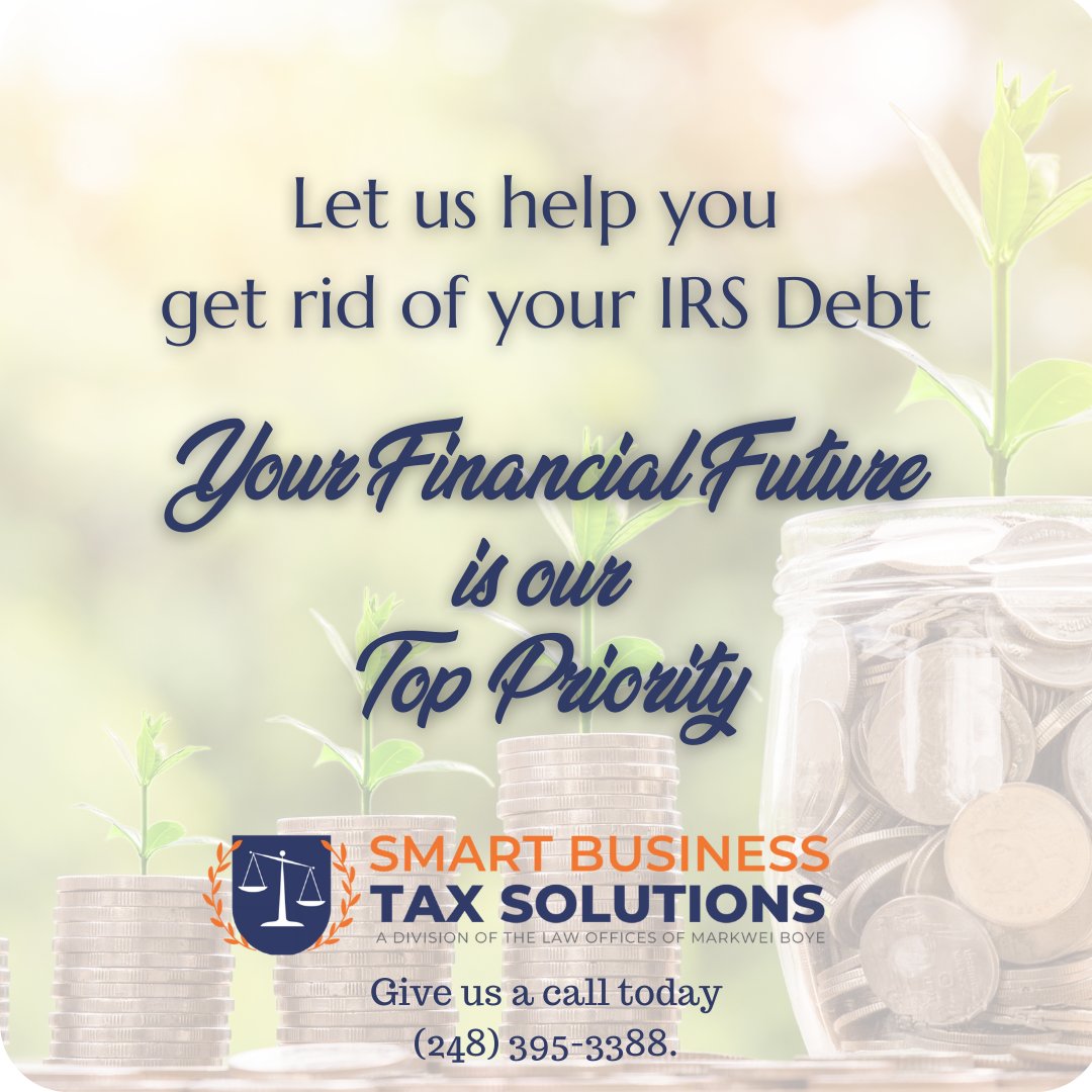 taxpros's tweet photo. Let us help you get rid of your IRS tax debt. If you are in debt to the IRS, you need someone in your corner who is informed and proactive. Need help fast, call 248-395-3388 or visit our website at https://t.co/i9gUcnfPtT.

#taxissues #finances #blackattorney #tax #personaltaxes https://t.co/ZcTL2D3W8U