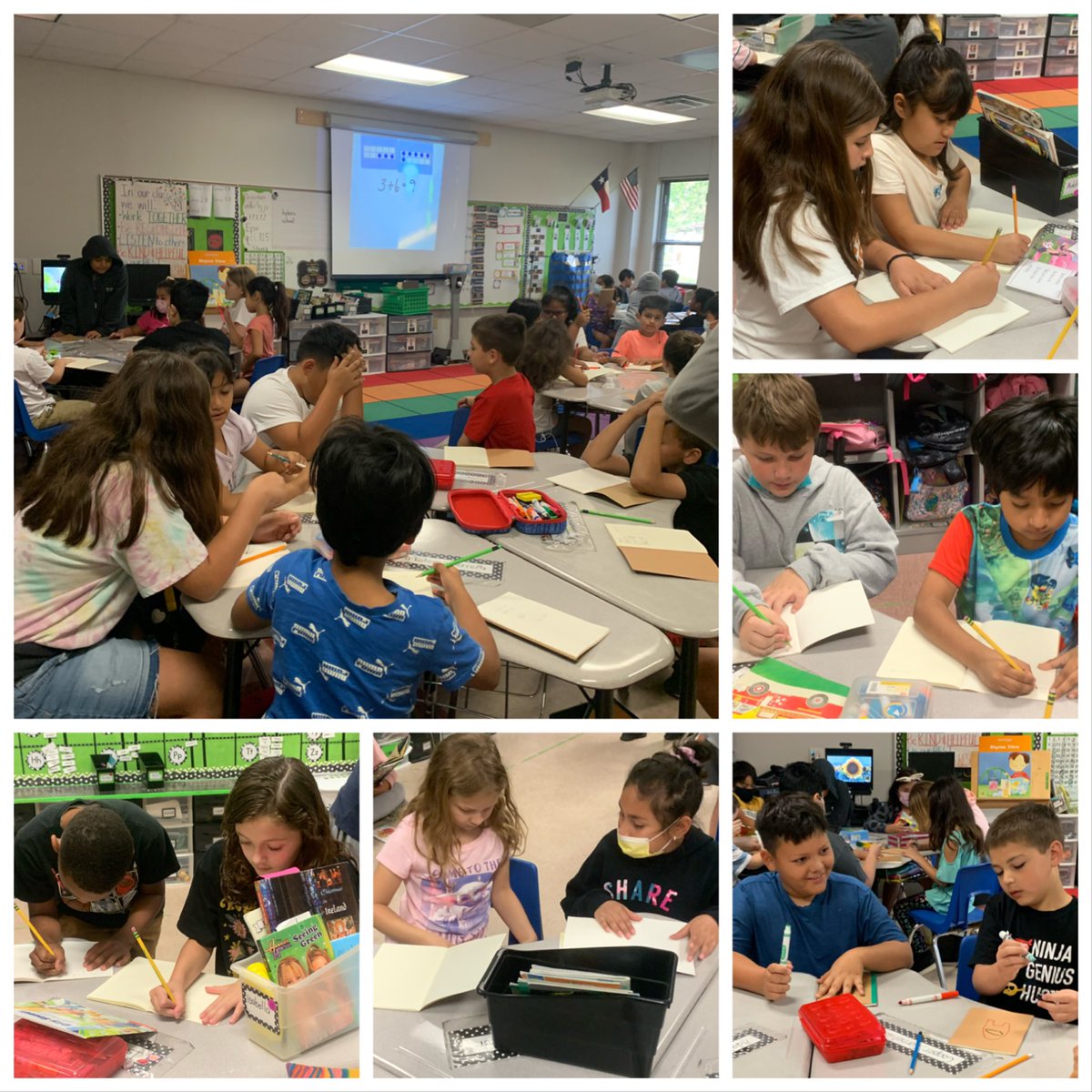 QueenLaTeachaMZ's tweet photo. #LearningBuddies has been so much fun! My 4th graders paired with 1st graders = leadership skills are shining! I can’t love it enough!! 10 frames are flashed on screen & 1sties +/- & 4th multiply/divide, they read, & also write together #MrsZsBusyBees @kespanthers #KyleESRocks https://t.co/pz0mYOsrLB