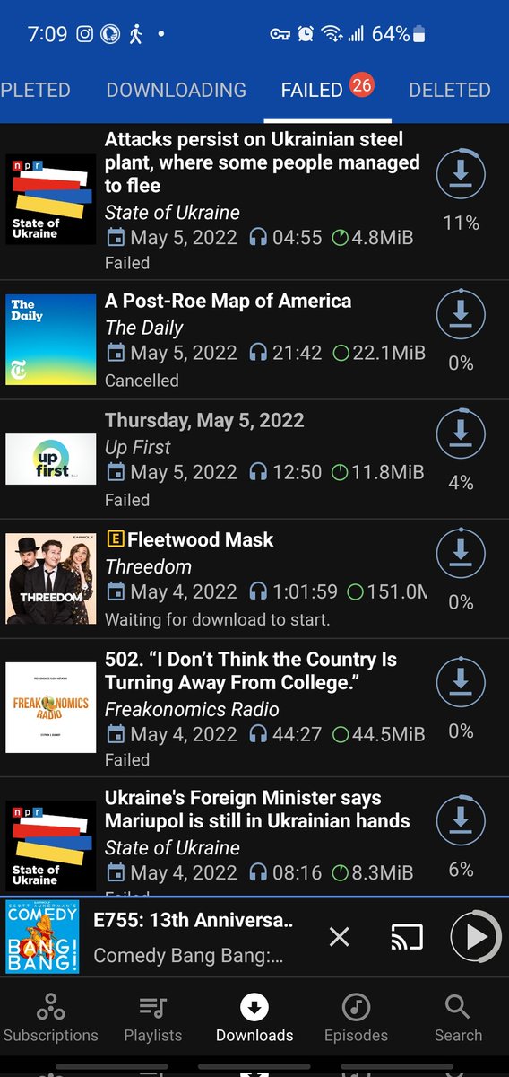 jacobevans's tweet photo. @castrepublic Some say "failed" and some say "waiting for download to start".  It's doing this while the app is open, and I'm on wifi.  Streaming works fine.

Ba8ttery settings don't seem to fix it. See screenshots.

Thank you again for being so helpful! https://t.co/ZsddkFXU9B