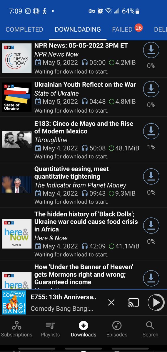 jacobevans's tweet photo. @castrepublic Some say "failed" and some say "waiting for download to start".  It's doing this while the app is open, and I'm on wifi.  Streaming works fine.

Ba8ttery settings don't seem to fix it. See screenshots.

Thank you again for being so helpful! https://t.co/ZsddkFXU9B