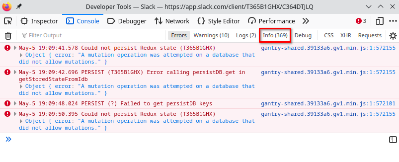 Looks like you were able to fix the issue with their unresponsive web page, <a href="/SlackHQ/">Slack</a>. Thanks! At least been few days without warnings after full reloads

You still have errors and tons of Info logs ( > 350 items on booting) - I'm pretty sure y'all already knew that 🤪