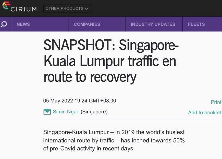 SiminNgai's tweet photo. Flying’s back in style: SIN-KUL reached half of pre-Covid activity on 2 May, following Singapore and Malaysia’s recent reopenings. https://t.co/3iW1noj0ts