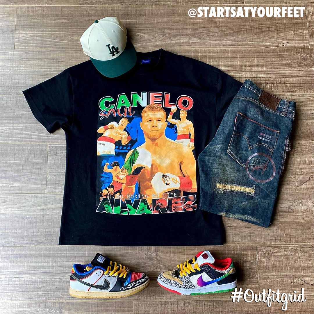 outfitgrid's tweet photo. Today's top #outfitgrid is by @startsatyourfeet.
▫️ #Samo #Canelo #Tee
▫️ #Fragment x #Levis #Denim
▫️ #AimeLeonDore x #Dodgers #NewEra #Cap 
▫️ #NikeSB x #PROD #WhatTheProd #Dunks https://t.co/ZSCgKhNVbM