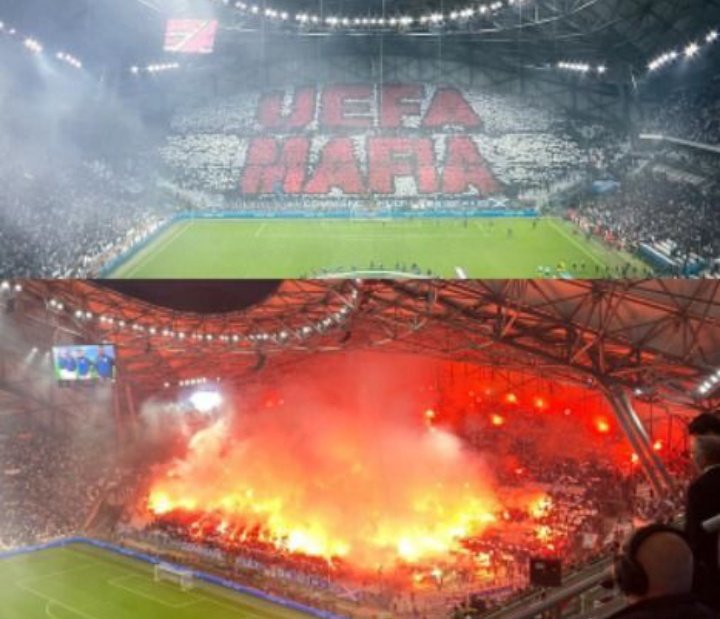 FutebolVerdad's tweet photo. A @UEFA interditou e proibiu a torcida do Olympique de Marselha numa grande parte do estádio, a resposta foi um mosaico UEFA MAFIA com muito sinalizador.
#OlympiqueMarseille #EuropaLeague #UefaMafia #FutebolVerdade https://t.co/bYru7ZaEaA