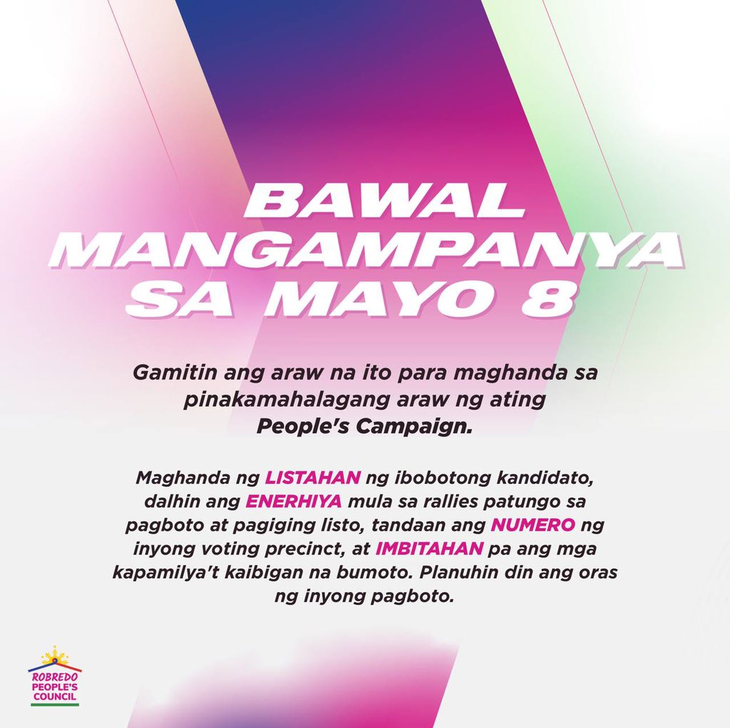 RobredoCampaign's tweet image. Paalala sa ating Robredo People’s Councils, Volunteers at Supporters: BAWAL MANGAMPANYA SA MAYO 8

Gamitin ang araw na ito para maghanda sa pinakamahalagang araw ng ating People’s Campaign.