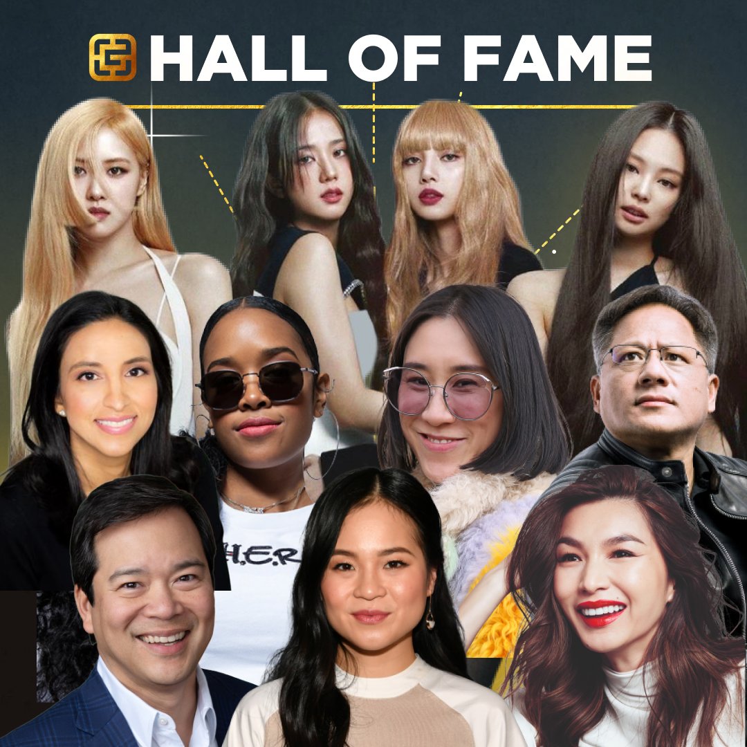A collage featuring headshots of BLACKPINK members Rosé, Jisoo, Lisa, and Jennie. Amrita Ahuja, H.E.R., Eva Chen, Jensen Huang, Manny Maceda, Kelly Marie Tran, and Gemma Chan. The graphic has sparkles, a sunburst, and a gold gradient in the background and the Gold House Hall of Fame logo at the top.