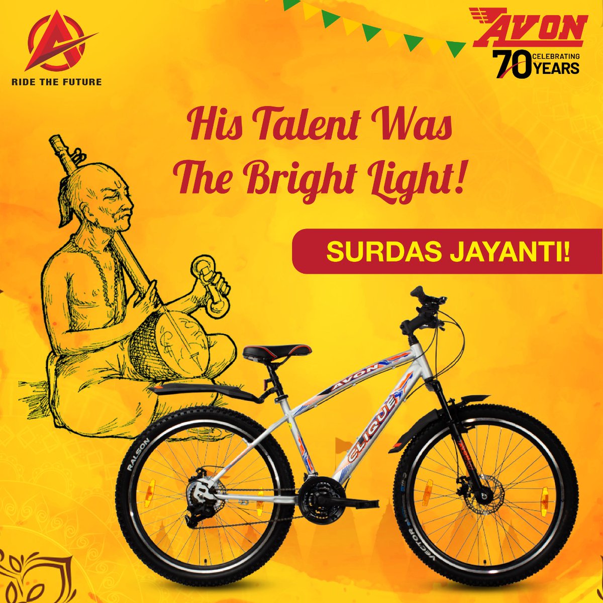 AvonCyclesIndia's tweet photo. Being born blind, still became the melodious light of medieval India through his impeccable musical talent.
 Celebrating Surdas Ji, one of the gems of Badshah Akbar's court. 
To know more about Avon Cycle, visit:
https://t.co/yP90wmZd8o
 #Avon #cycles  #AvonRide  #surdasjayanti https://t.co/Vc3b1Xa4o1