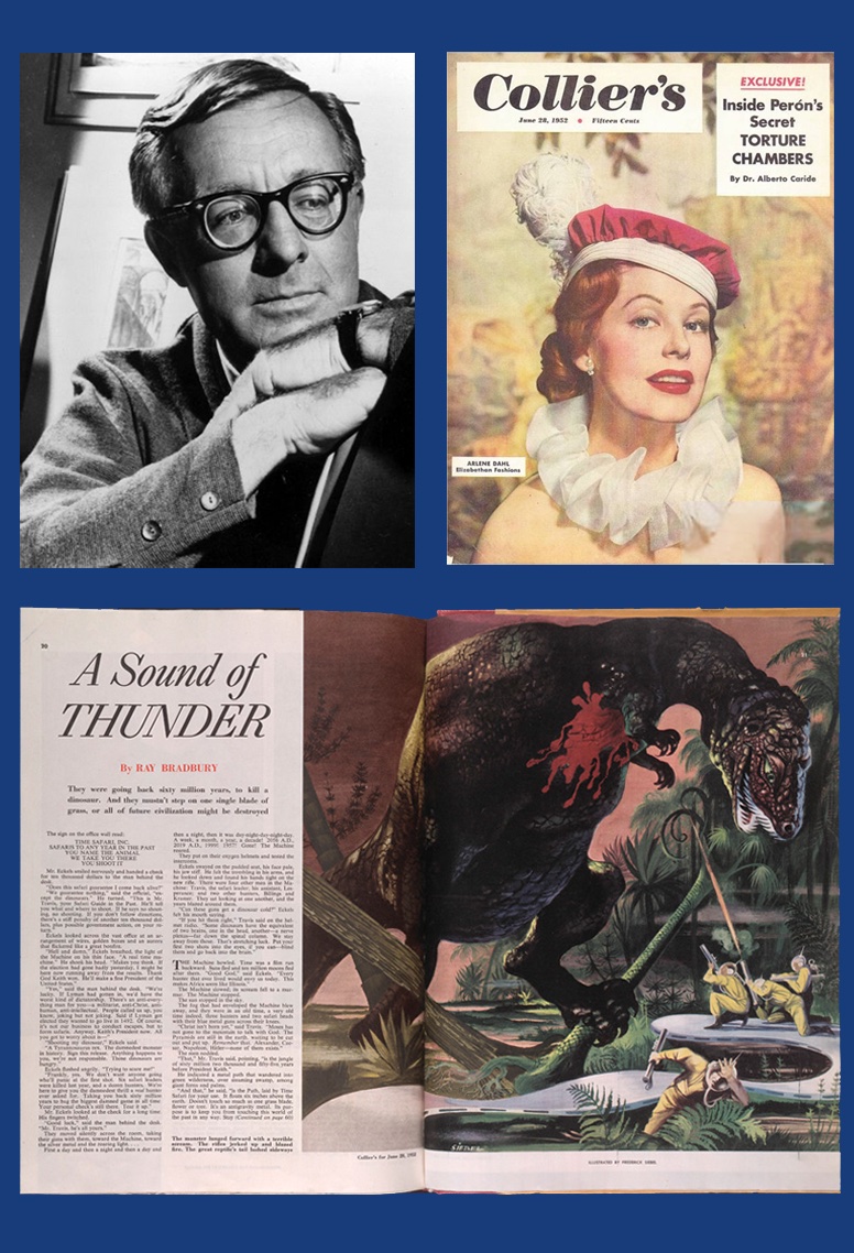 ParadoxParkway's tweet photo. 1952: @RayBradbury's #ASoundofThunder is published! In 2055, #timetravel is a practical reality, and Time Safari Inc. offers wealthy adventurers the chance to travel back in time to hunt extinct species... what could go wrong? #paradoxparkway #Colliers like & follow! https://t.co/qd8hE4IJGg