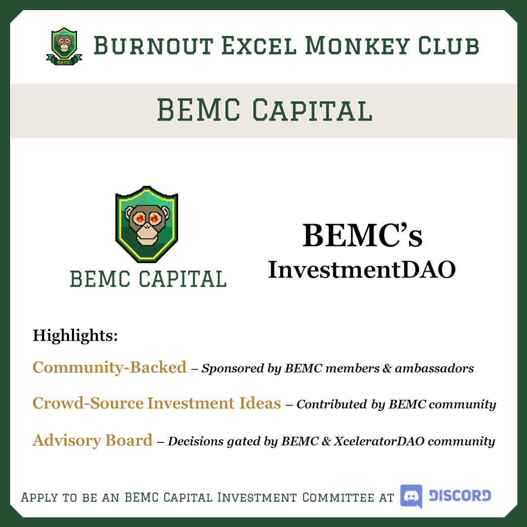 📌BEMC Capital – BEMC's InvestmentDAO

<a href="/BemcCapital/">BEMC Capital</a> would be set up as a NFT-focused InvestmentDAO that aims to invest in blockchain-backed digital assets. The first vintage is expected to purchase culturally significant NFT collections and will be protocol agnostic.