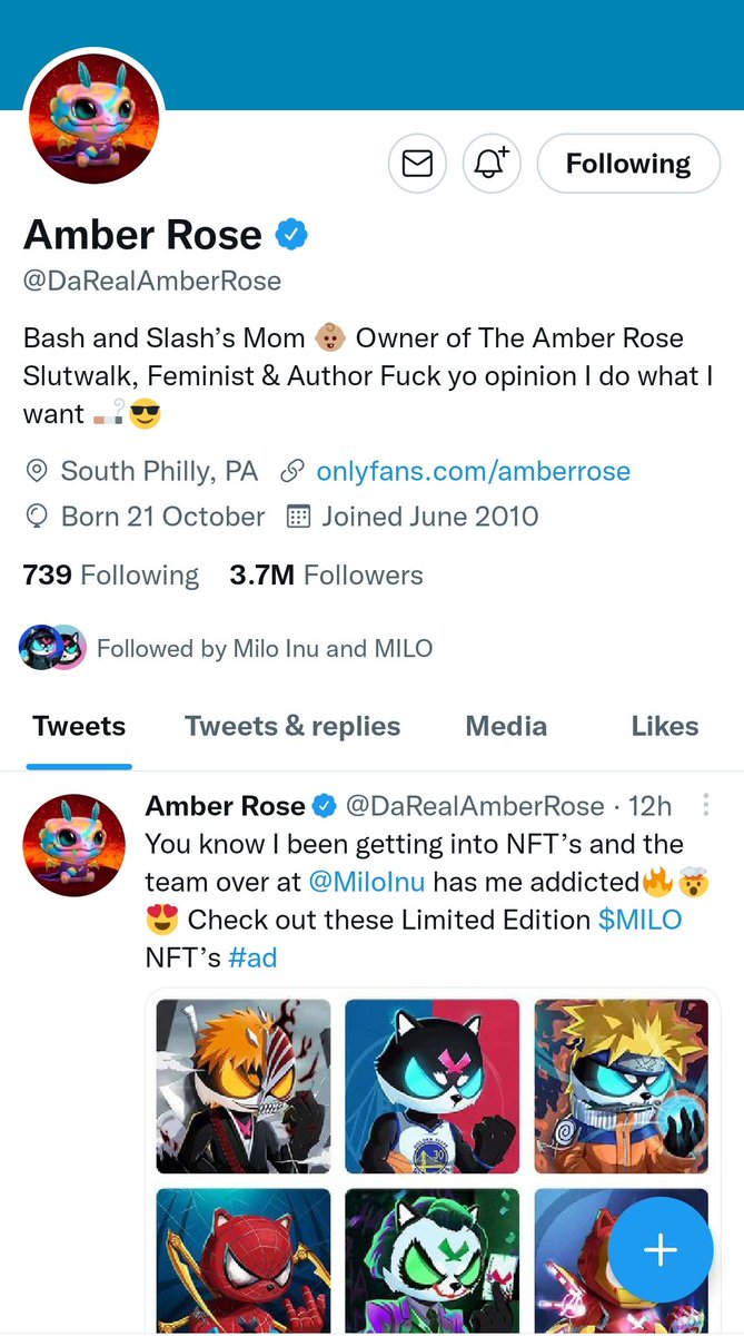 cmoongems's tweet photo. @Whalesincoming Amber rose is now team MILO INU 💋💋💋💋 #MiloInu #MiloInuArmy @MiloInu https://t.co/XLLuLGXVBB
