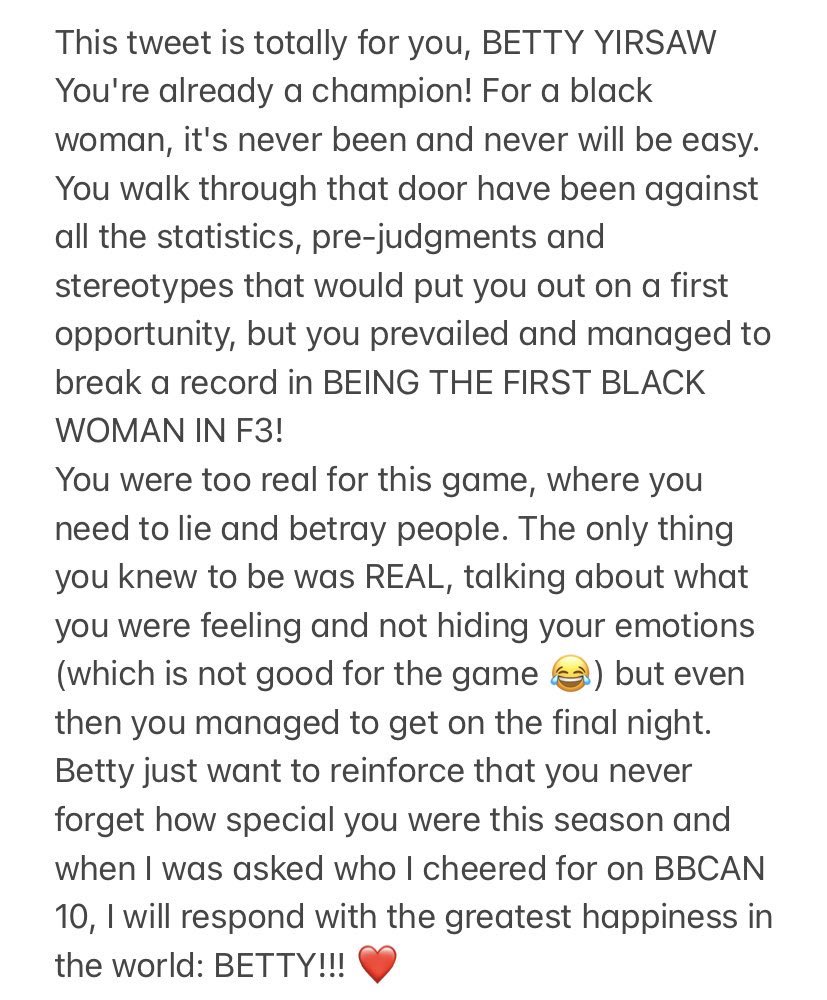 bigbrothwer's tweet photo. For Betty Yirsaw #BBCAN10 https://t.co/SSzALr1Pk8