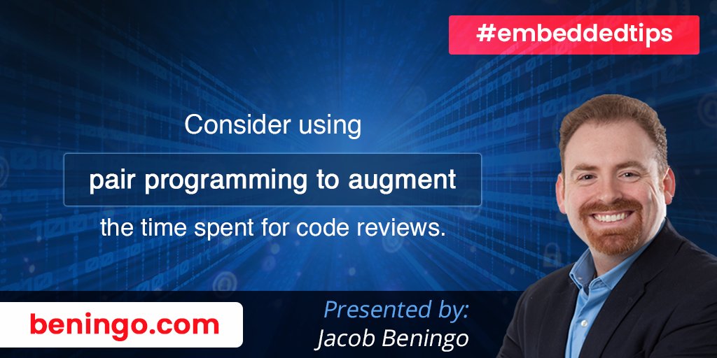 Jacob_Beningo's tweet image. #embeddedtips

Consider using pair programming to augment the time spent for code reviews. 

#MCUs #Agile #microcontrollers #embedsys #Arm