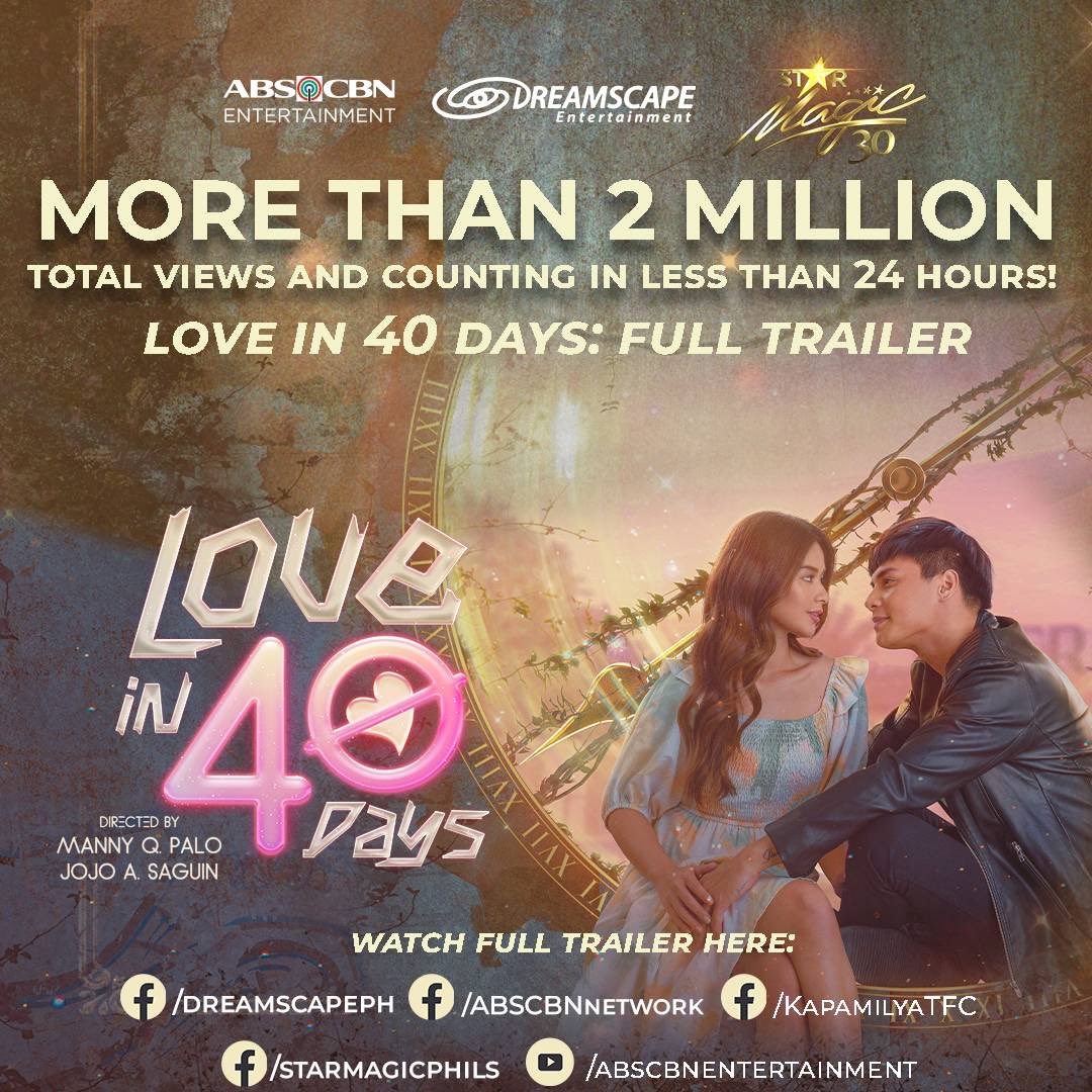 ABSCBNC0RP's tweet photo. RT @ABSCBNpr: Nagparamdam na ang lahat! 💜

Thank you sa more than 2M total views and counting in less than 24 hours!

Check out the “Love in 40 Days: full trailer” on Facebook, YouTube, and TikTok!
 
Abangan ang #LoveIn40Days simula May 30! https://t.co/01O7gX16SY