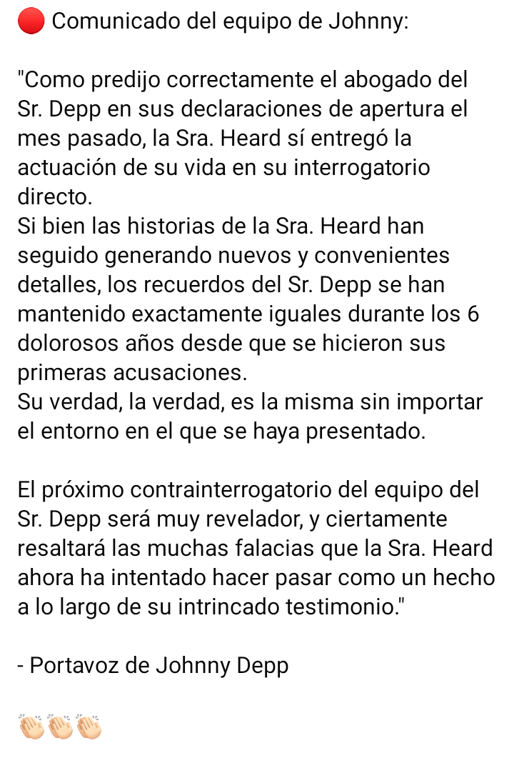 johnnydepp_mex's tweet photo. 🔴 Comunicado del equipo de Johnny: 

💪🏻💪🏻💪🏻

#JusticeForJohnnyDepp 
#AmberHeardlsALiar 
#JohnnyDeppVsAmberHeard 
#JohnnyDeppIsInnocent https://t.co/9SfTbgwovD
