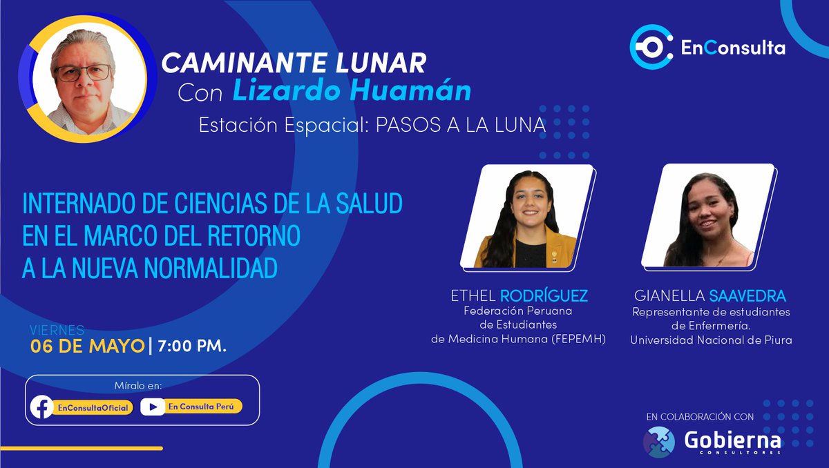 EnConsultaPeru's tweet photo. Hoy en CAMINANTE LUNAR 🌕:
Condiciones del retorno de los internos de ciencias a los servicios de salud, nos acompañarán:
✅ Ethel Rodríguez @FEPEMH_
✅Gianella Saavedra. Estudiantes de Enfermería. @UDEP
✅ Representante del @Minsa_Peru (por confirmar)
🔴#ENVIVO
⏰7:00 p.m. https://t.co/2qc07CjDO3