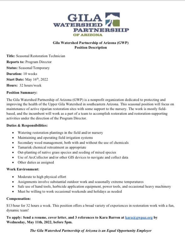Gila Watershed Partnership (@gilawpaz) on Twitter photo Gila Watershed Partnership (GWP) is looking for Seasonal Restoration Technicians. Positions are 32 hours/week & $13/hour. Please send a cover letter, résumé & 3 references to Kara Barron at: kara@gwpaz.org by Wednesday, May 11th by 5pm. #restoration #technician #GWP #watershed Gila Watershed Partnership (GWP) is looking for Seasonal Restoration Technicians. Positions are 32 hours/week & $13/hour. Please send a cover letter, résumé & 3 references to Kara Barron at: kara@gwpaz.org by Wednesday, May 11th by 5pm. #restoration #technician #GWP #watershed