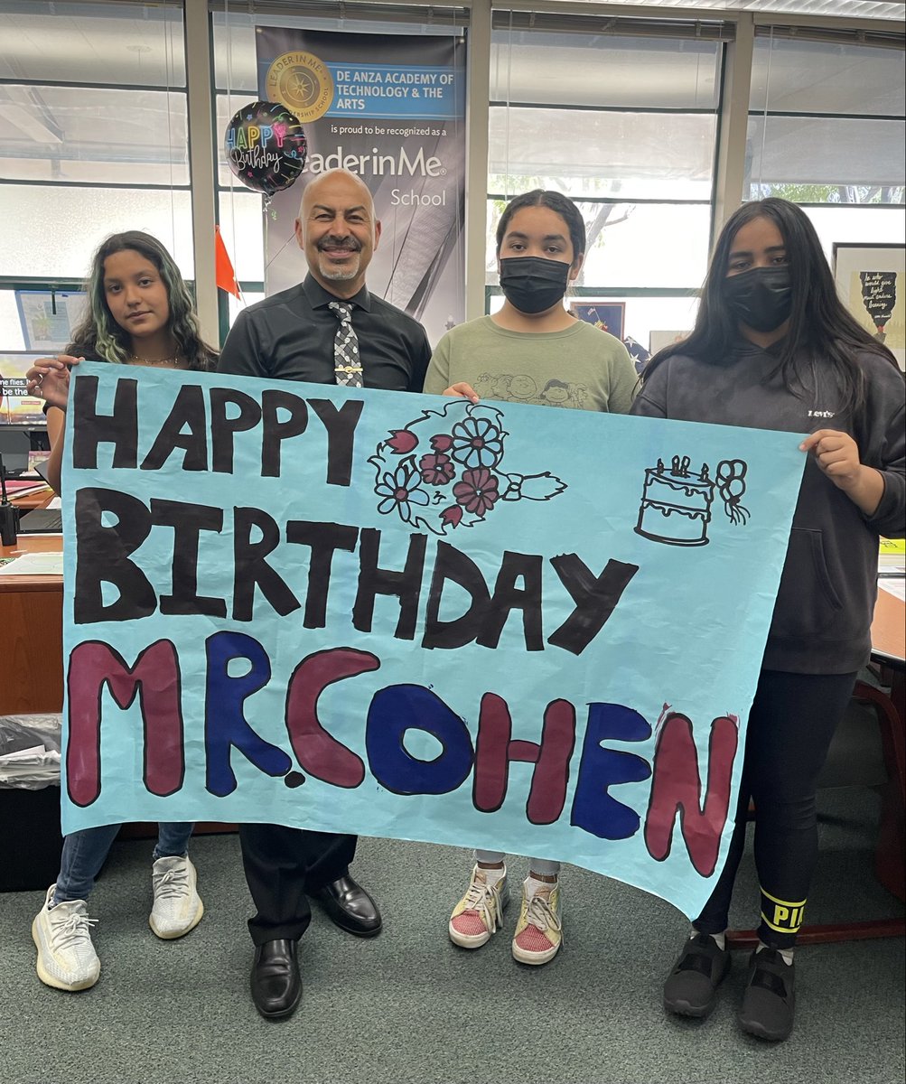 CoronaMrs's tweet photo. Happy Birthday Principal Cohen!!! Thank you for all that you do in serving our students, families, and staff at DATA!!! Enjoy your special day and #MayThe4thBeWithYou @DeAnza_Academy https://t.co/H4s6b4Cb3n