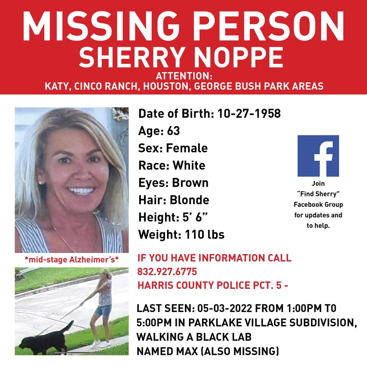 JayceeHughes17's tweet photo. #FindSherry #KatyTexas #Texas #Houston #Katy #MissingPerson #help #locate #Sherry #Sherrynoppe #dementia #Alzheimers #AlzheimersDisease #dog #CincoRanch #GeorgeBushPark #missingwoman #news #search #find #trending #Share #RetweeetPlease #RETWEEETME #Retweet https://t.co/qkBpRbien5