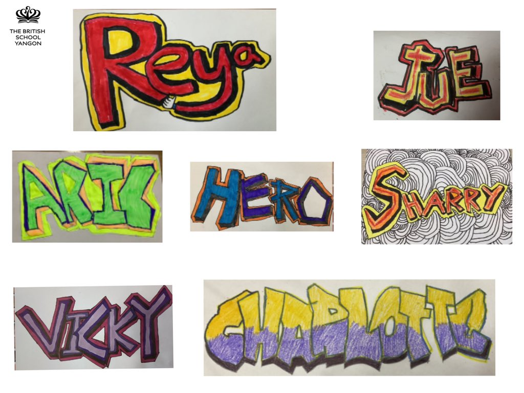 BSYangon's tweet image. In Year 5, the topic is ‘Identity’. This week the children did a great job of creating their own graffiti name art.
#BSYCommunity #NAEAchievers #NAEBeAmbitious #BSYlife #BSYVirtualSchoolExperience #NAEVirtualSchoolExperience