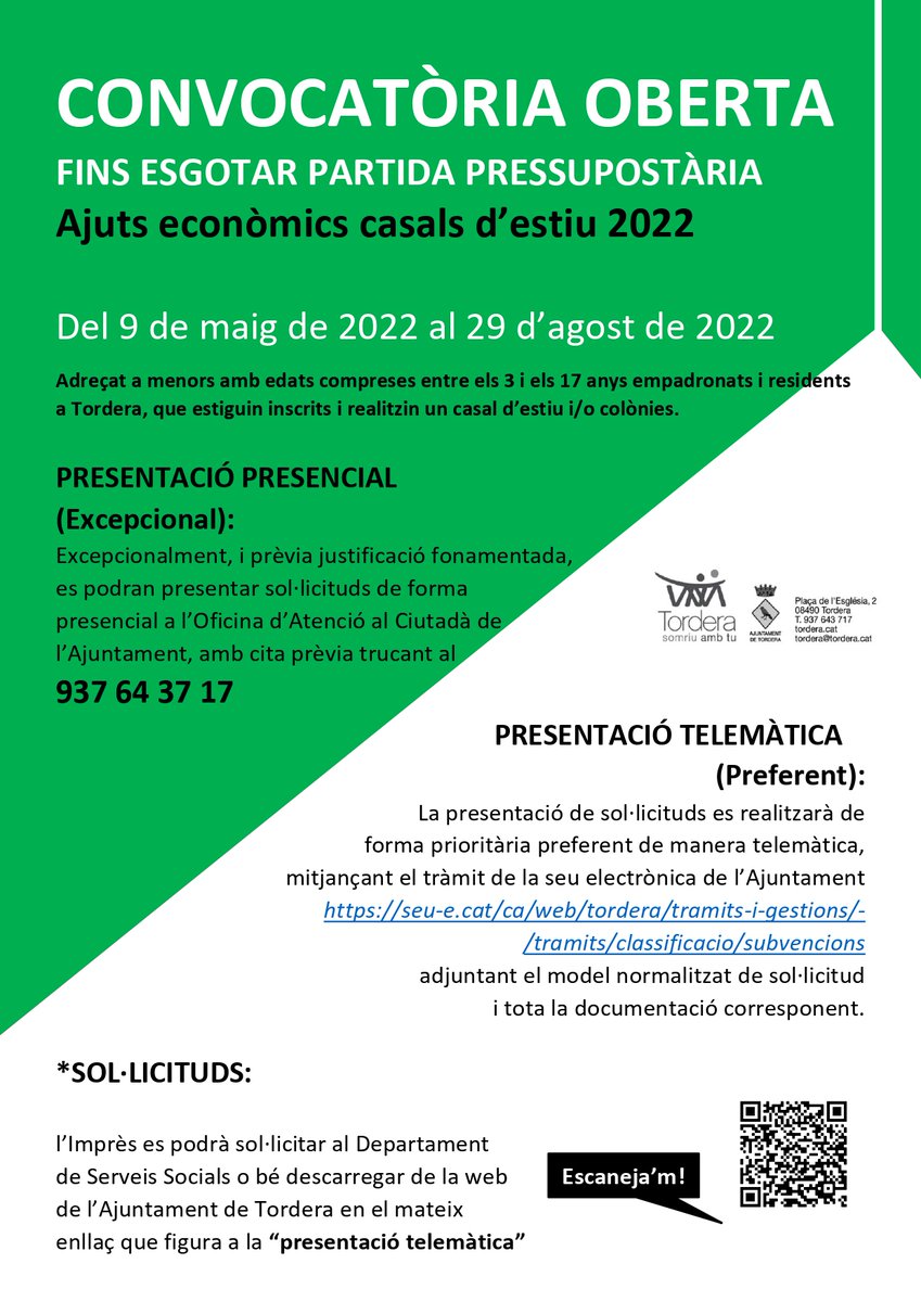 Obertes les convocatòries d'AJUTS ECONÒMICS per a casals i colònies d'estiu, i BEQUES per a llibres de text i per al menjador escolar del proper curs.