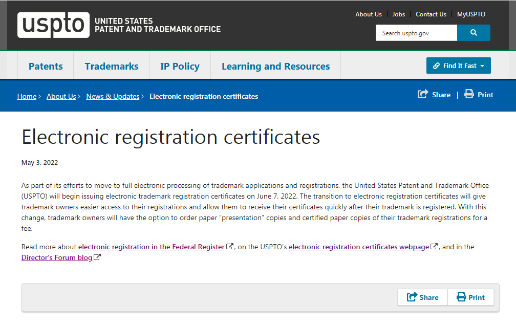 Kayming_IP's tweet photo. As part of its efforts to move to full electronic processing of trademark applications and registrations, the United States Patent and Trademark Office (USPTO) will begin issuing electronic trademark registration certificates on June 7, 2022！ https://t.co/YLyqHcUSPP