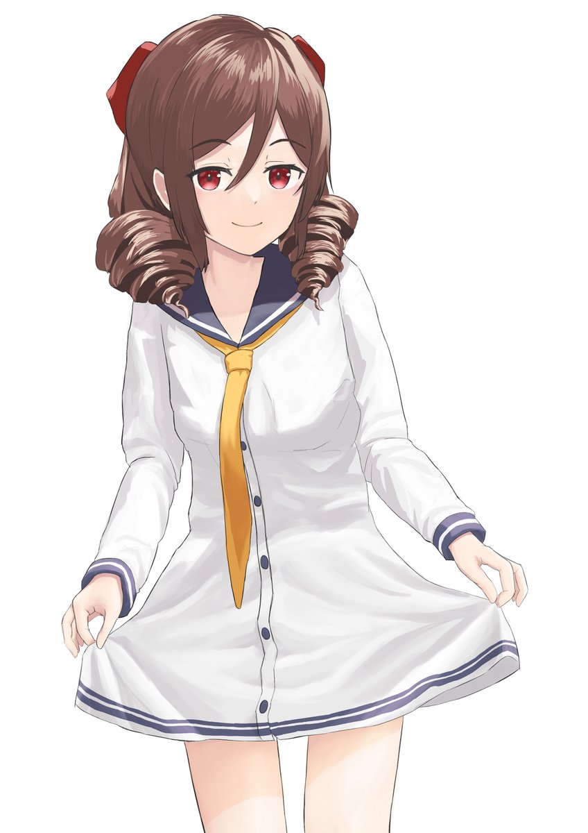 harukaze (kancolle) ,yukikaze (kancolle) 1girl sailor dress cosplay solo dress brown hair drill hair  illustration images