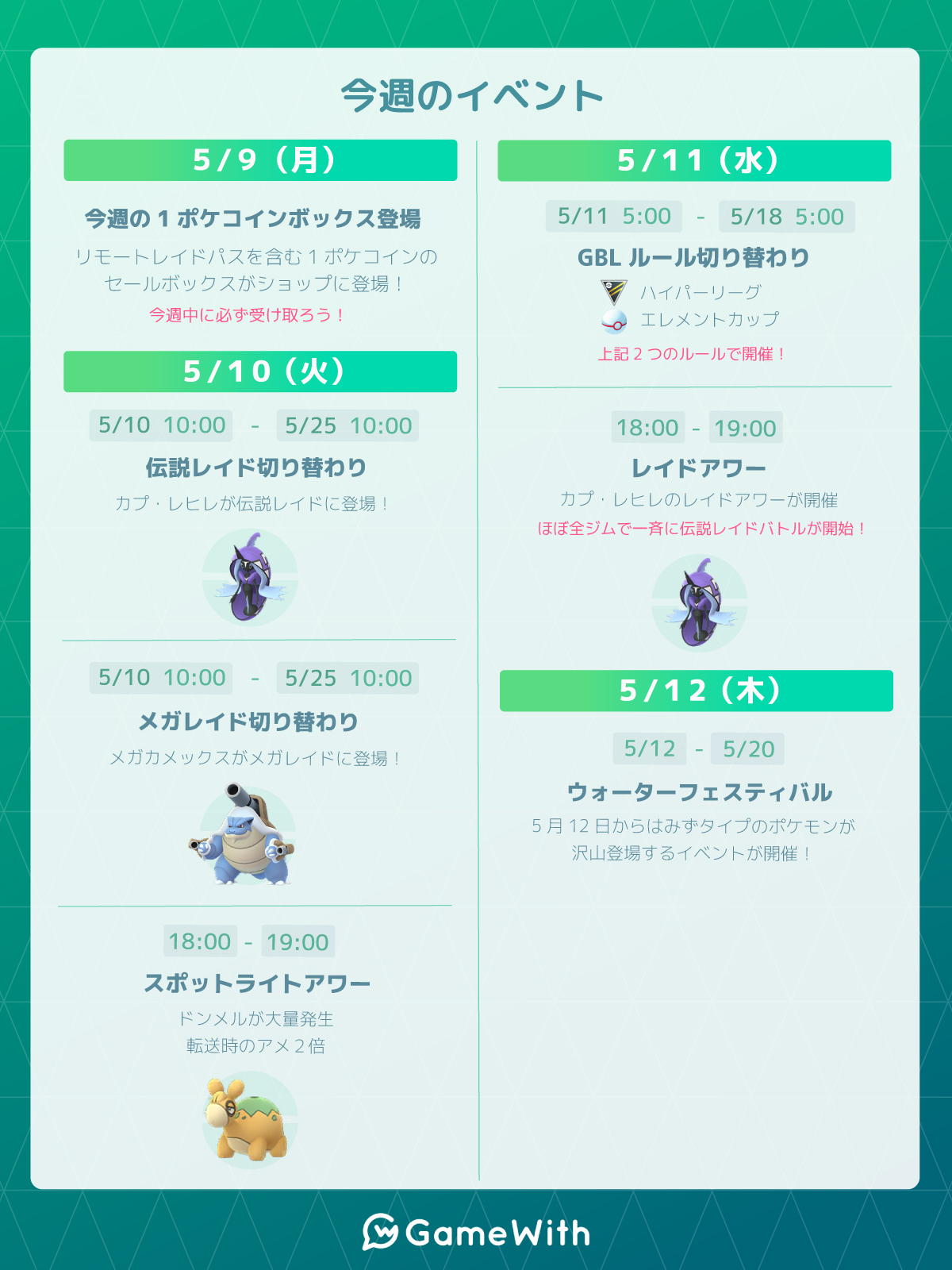 ポケモンgo攻略 Gamewith 今週のイベントを画像にまとめました 伝説レイド切り替わり カプ レヒレが新実装 メガレイド切り替わり メガカメックスが登場 ウォーターフェスティバル みずタイプのポケモンが多く出現するイベント ポケモンgo