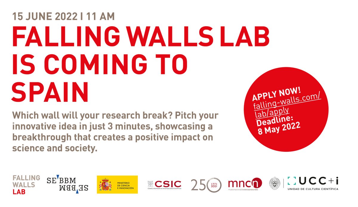 📢Recordad que el plazo para inscribirse en el #FallingWallsLab termina el 8 de mayo, la <a href="/academia_joven/">Academia Joven de España</a> colaborará con esta magnífica iniciativa entregando un premio económico a la persona ganadora, más información👉mncn.csic.es/es/visita-el-m…
<a href="/SEBBM_es/">SEBBM</a> <a href="/mncn_csic/">Museo Nacional de Ciencias Naturales</a> <a href="/ucc_complutense/">Unidad de Cultura Científica UCM</a>