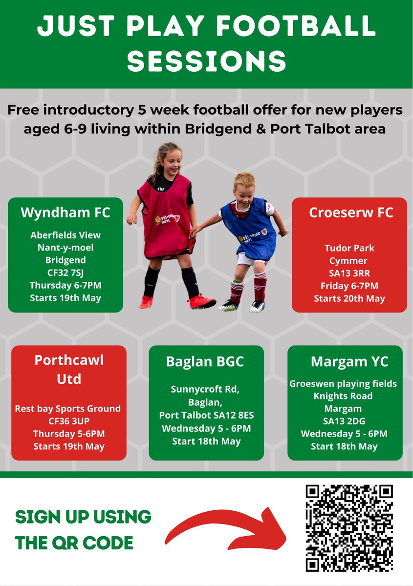 Here's a great opportunity to get your child to fall in love with ⚽, if you live in or around #Bridgend #Porttalbot #Porthcawl @nptpass @BridgendCBC @fc_wyndham @CroeserwPrimary @BaglanBGClub ✏️ Sign-up here: surveymonkey.co.uk/r/justplayfoot…
