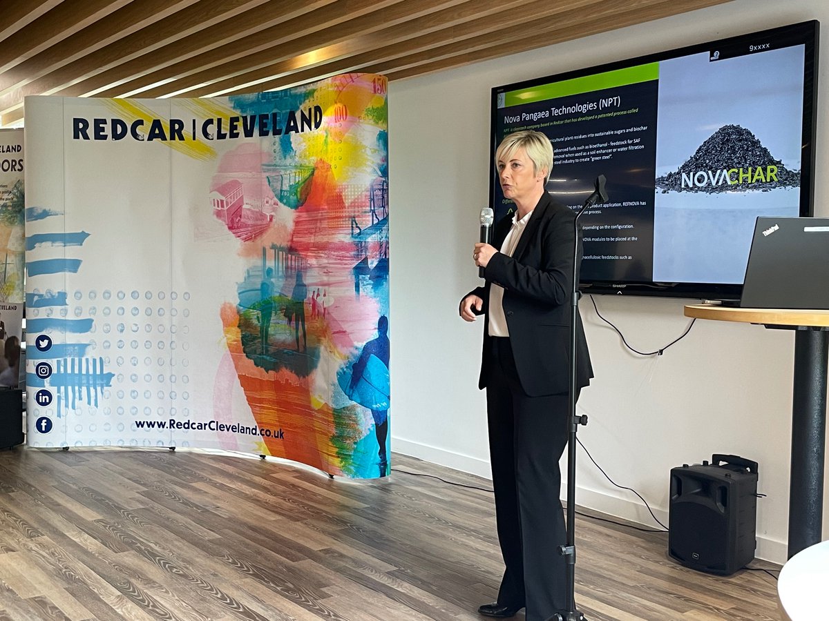 Sarah Ellerby, CEO of @NovaPangaea, gives attendees of our event an interesting presentation of their work at Wilton International. #RedcarCleveland