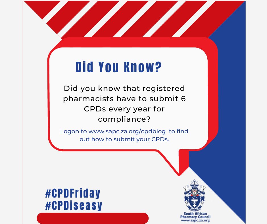 OfficialSAPC's tweet photo. Did you know that registered pharmacists have to submit six (6) CPDs every year for compliance?
Logon to https://t.co/mgUg8GnY0M to find out how to submit your CPDs.
#CPDFriday #cpdiseasy #sapc https://t.co/CKmV96wvqL