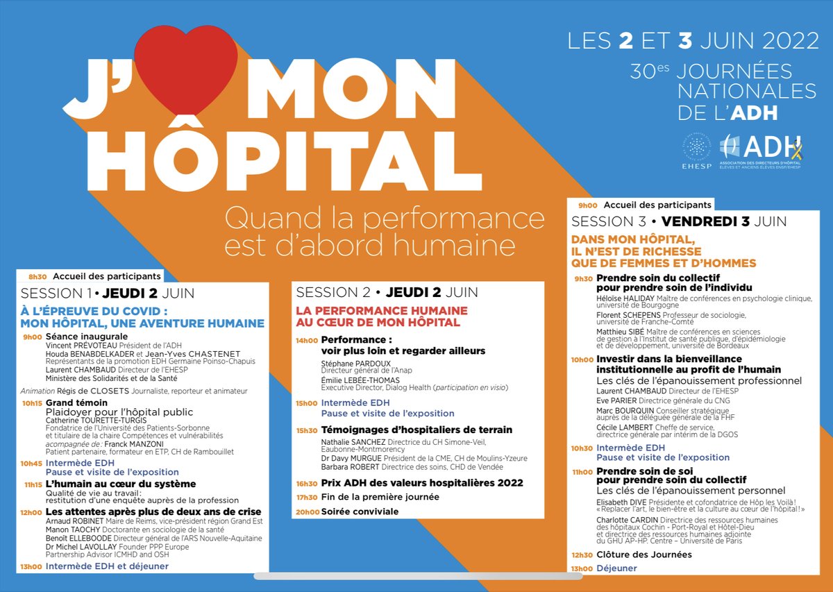 L_Adh's tweet image. 🚨🔜30es JOURNÉES NATIONALES de @L_Adh

🏥IL EST ENCORE TEMPS DE VOUS INSCRIRE !

🗓️les 2 et 3 juin 2022 au Parc Floral de Paris : J’❤️MON HÔPITAL #PerformanceHumaine #JaimeMonHôpital

📁PROGRAMME DÉTAILLÉ : adh-asso.org/2022/05/03/les…

📝INSCRIPTION : site.evenium.net/30es-journees-…