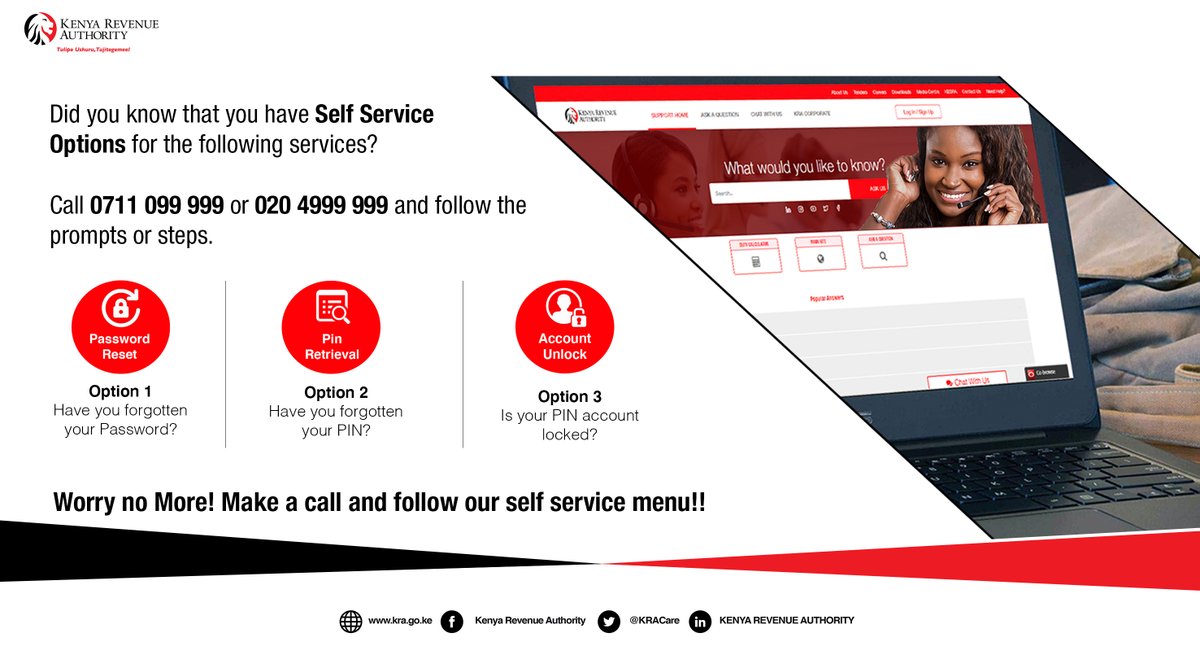 KRACare's tweet photo. You can now access the following services on our Interactive Voice Response (IVR) self-service menu by calling us on 0711 099 999/ 020 4999 999.
File your 2021 returns today to avoid penalties.
#KRAFilingSeason2022 #KRASelfService https://t.co/9Tr9tcdAWs