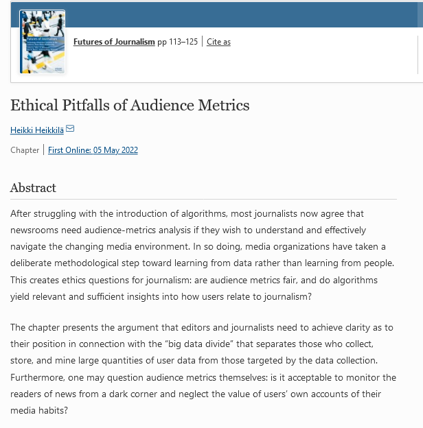 Heikki Heikkilä (@heikkilah) on Twitter photo Futures of Journalism book just came out. My contribution looks like this. I'm looking forward to reading what my fellow authors have to say. Thanks to the editors Ville Manninen, <a href="/MariKNiemi/">Mari K Niemi</a> and <a href="/RidgeNewman/">Dr Anthony Ridge-Newman</a> Futures of Journalism book just came out. My contribution looks like this. I'm looking forward to reading what my fellow authors have to say. Thanks to the editors Ville Manninen, <a href="/MariKNiemi/">Mari K Niemi</a> and <a href="/RidgeNewman/">Dr Anthony Ridge-Newman</a>