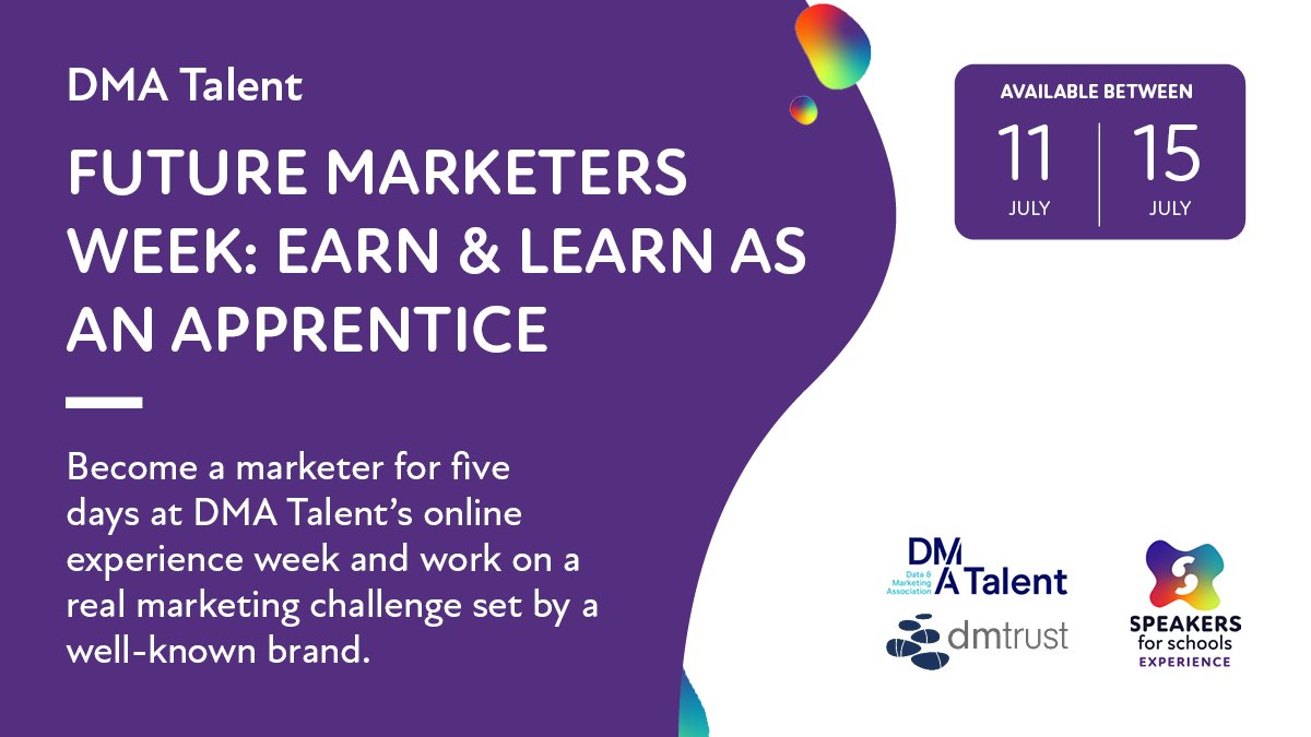 From 11th - 15th July, <a href="/DMATalent/">DMA Talent</a> is inviting young people to become marketers for five days, meeting professionals and current apprentices and working on a real marketing challenge set by a well-known brand.

Future marketers - find out more &amp; apply here: speakersforschools.org/youth_opportun…